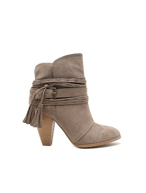 Qupid Raelynn-32 Taupe Suede Strappy Buckle Chunky Stacked Heeled Booties