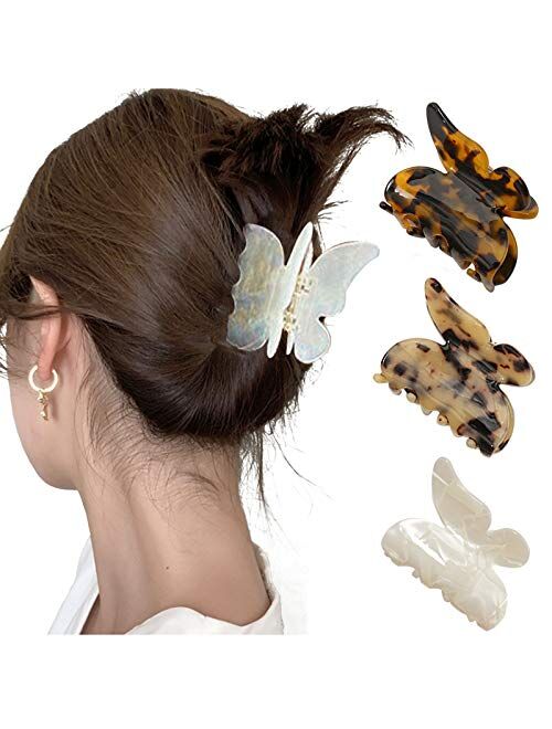 Guanke 3PCS Acrylic Hair Claw Butterfly Tortoise Shell Hair Clip Celluloid French Design Leopard Print Hair Clips for Women (Color A)