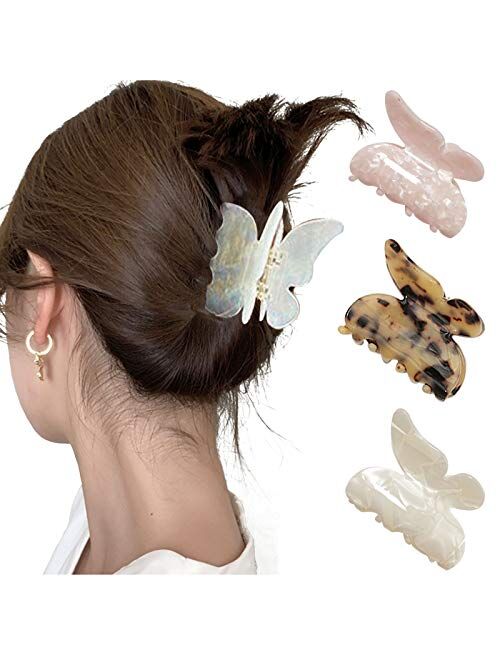 Guanke 3PCS Acrylic Hair Claw Butterfly Tortoise Shell Hair Clip Celluloid French Design Leopard Print Hair Clips for Women (Color A)