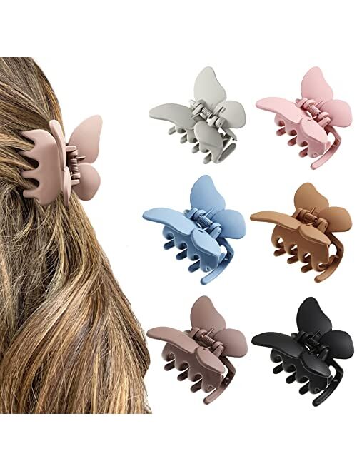 Awaytr 6PCS Butterfly Hair Claw Clip - 2 Inch Butterfly Claw Hair Clips for Women Girls Small Nonslip Butterfly Jaw Clips for Thick Hair and Strong Hold Hair (Solid color