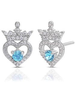 Princess Tiara Sterling Silver Cubic Zirconia Birthstone Stud Earrings