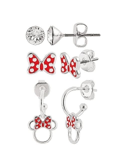 Minnie and Mickey Mouse Silver Plated Crystal Stud Earring Set, 3 Pairs - Officially Licensed