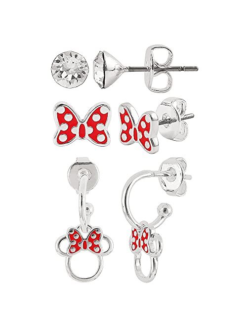 Disney Minnie and Mickey Mouse Silver Plated Crystal Stud Earring Set, 3 Pairs - Officially Licensed