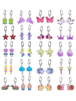 Tamhoo 10/20 Pairs Silver Mini Hoop Earrings with Charm Cat Dog Unicorn- Cute Earrings for Teen Girls - Pink Animal Earrings for Girls - Colorful Crystal Earrings for Gir