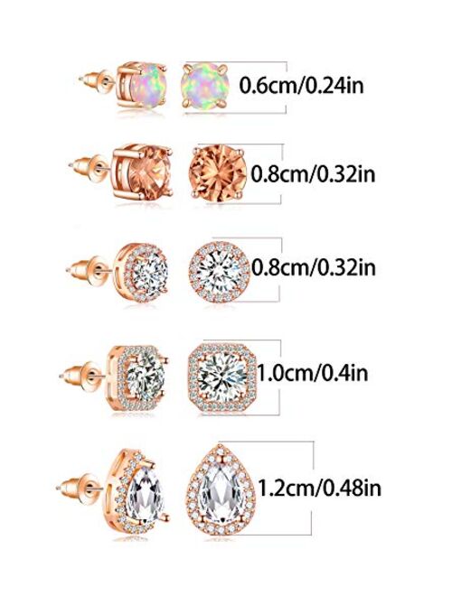 Tamhoo 8/10 Pairs 18K White Gold/Rose Gold Plated Cubic Zirconia Stud Earrings for Women & Men & Girls - with Stainless Steel Post - Multi-size Opal Stud earings Set for 