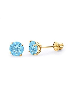 The World Jewelry Center 14k Yellow Gold 5mm Round Solitaire Basket Set Stud Earrings with Screw Back - 12 Different Color Available