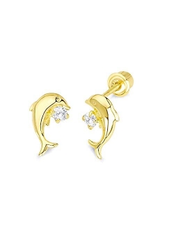 The World Jewelry Center 14k Yellow Gold Dolphin Stud with Screw Back - 2 Different Color Available