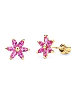 The World Jewelry Center 14k Yellow Gold Flower Stud Earrings with Screw Back - 3 Different Color Available