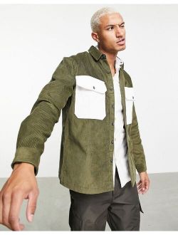 cord overshirt with contrast pockets in khaki