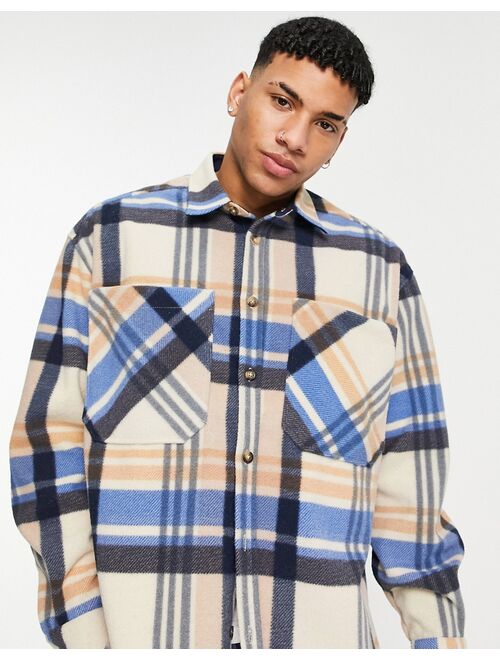 Topman plaid fleece overshirt in blue