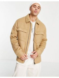 brushed shacket in camel wool blend