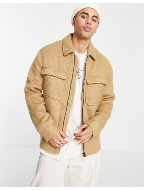 Topman brushed shacket in camel wool blend