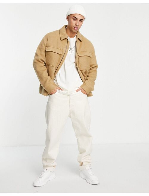 Topman brushed shacket in camel wool blend