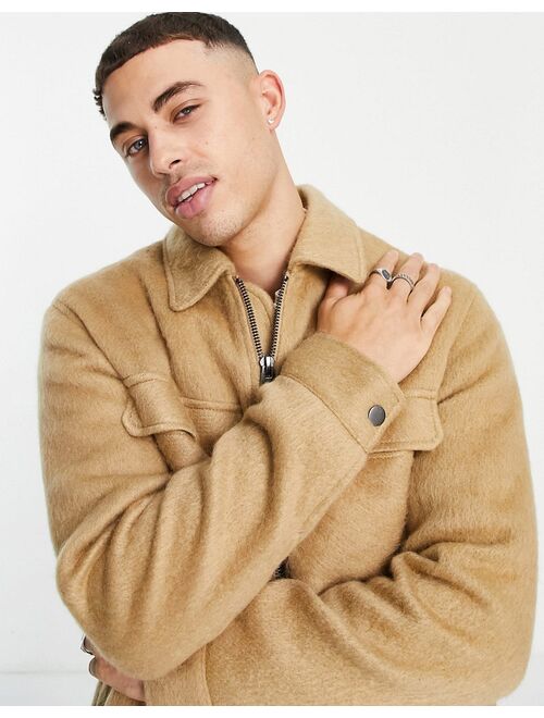 Topman brushed shacket in camel wool blend