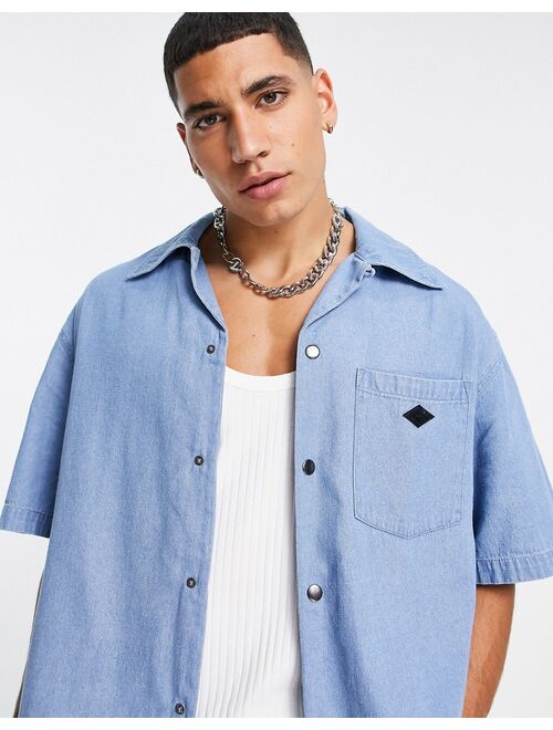 Topman boxy denim shirt in light wash blue