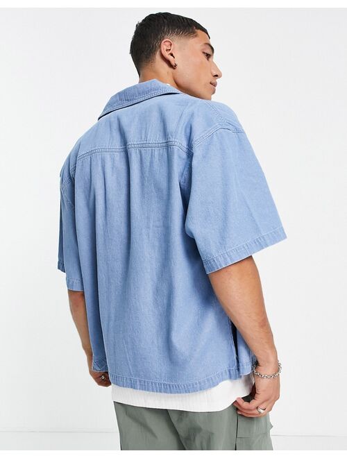 Topman boxy denim shirt in light wash blue