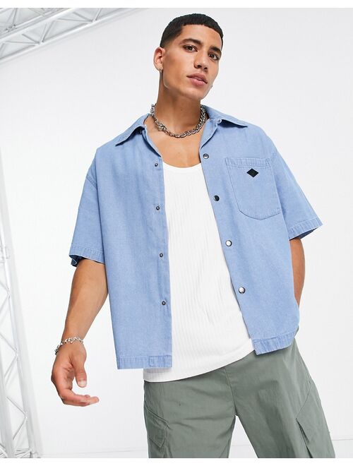 Topman boxy denim shirt in light wash blue