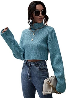 Women's Turtle Neck Long Sleeve Knitted Pullover Sweater Crop Tops