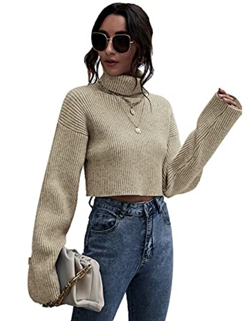 Floerns Women's Turtle Neck Long Sleeve Knitted Pullover Sweater Crop Tops