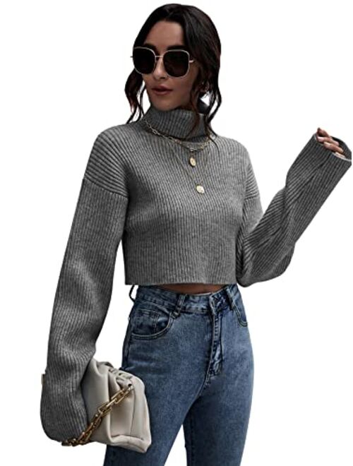 Floerns Women's Turtle Neck Long Sleeve Knitted Pullover Sweater Crop Tops