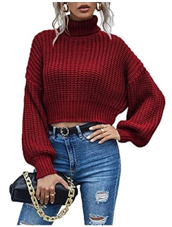 Chigant Women's Turtleneck Knit Sweaters Casual Lantern Long Sleeve Pullover Cropped Cute Jumper Drop Shoulder Top