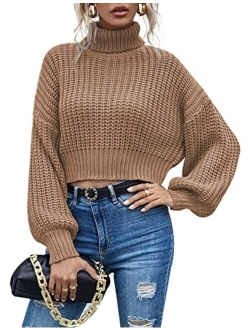 Chigant Women's Turtleneck Knit Sweaters Casual Lantern Long Sleeve Pullover Cropped Cute Jumper Drop Shoulder Top