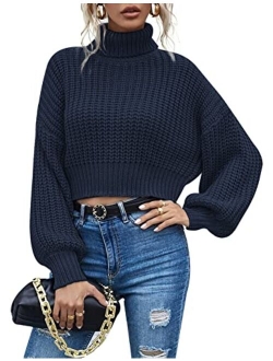 Chigant Women's Turtleneck Knit Sweaters Casual Lantern Long Sleeve Pullover Cropped Cute Jumper Drop Shoulder Top