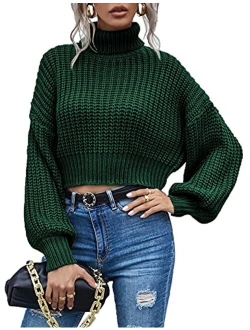 Chigant Women's Turtleneck Knit Sweaters Casual Lantern Long Sleeve Pullover Cropped Cute Jumper Drop Shoulder Top