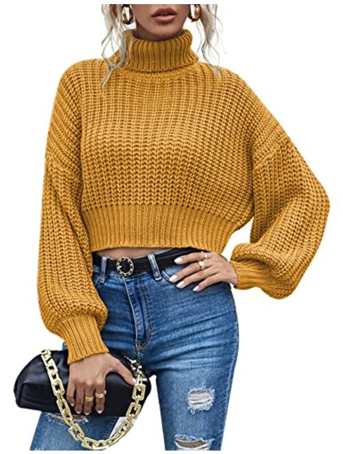 Chigant Women's Turtleneck Knit Sweaters Casual Lantern Long Sleeve Pullover Cropped Cute Jumper Drop Shoulder Top