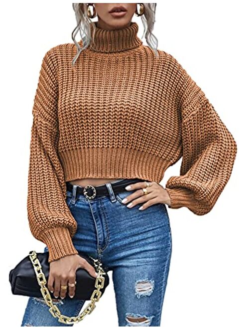 Chigant Women's Turtleneck Knit Sweaters Casual Lantern Long Sleeve Pullover Cropped Cute Jumper Drop Shoulder Top