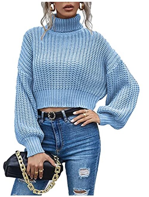 Chigant Women's Turtleneck Knit Sweaters Casual Lantern Long Sleeve Pullover Cropped Cute Jumper Drop Shoulder Top