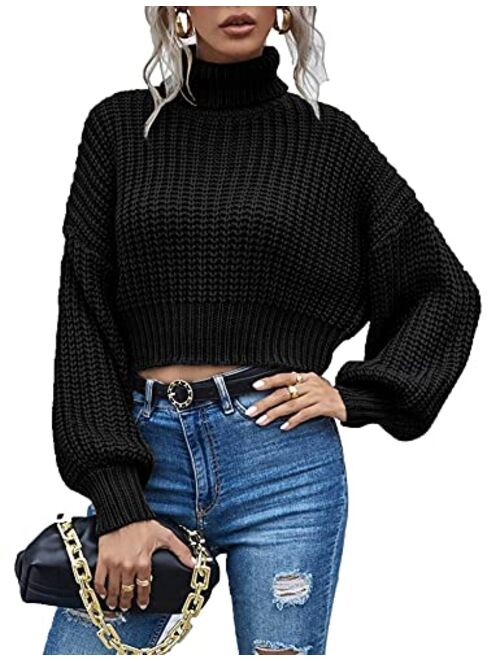 Chigant Women's Turtleneck Knit Sweaters Casual Lantern Long Sleeve Pullover Cropped Cute Jumper Drop Shoulder Top