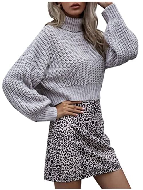 Chigant Women's Turtleneck Knit Sweaters Casual Lantern Long Sleeve Pullover Cropped Cute Jumper Drop Shoulder Top