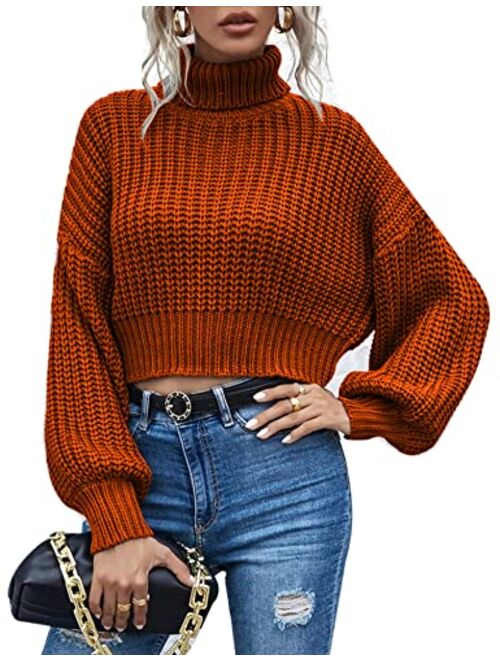 Chigant Women's Turtleneck Knit Sweaters Casual Lantern Long Sleeve Pullover Cropped Cute Jumper Drop Shoulder Top