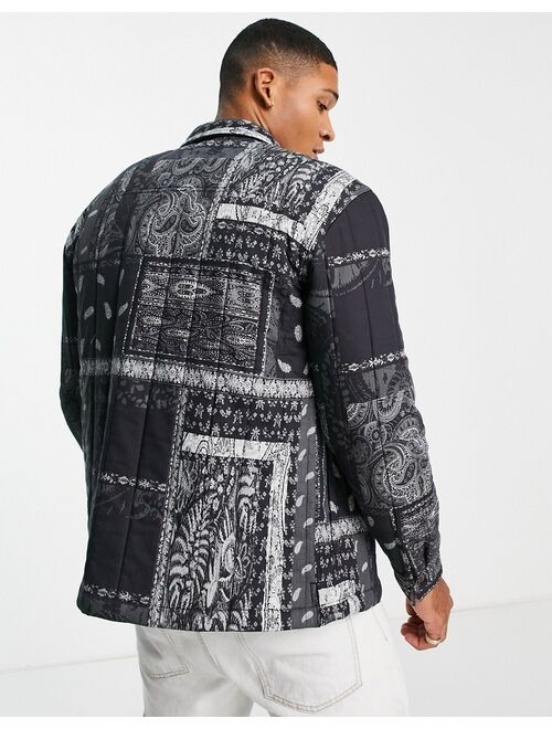 Topman paisley quilted overshirt in black and white