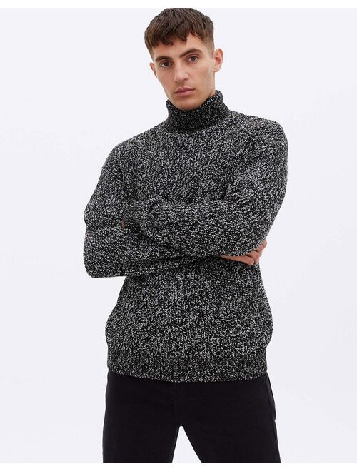 New Look relaxed rib roll neck sweater in black