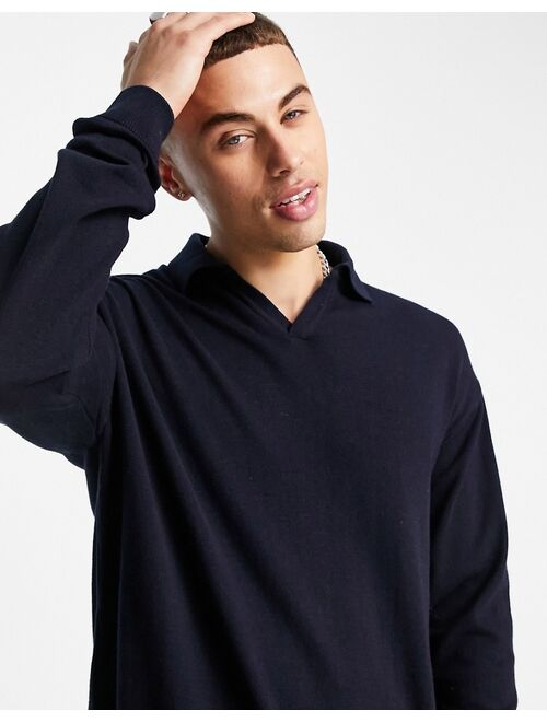 New Look relaxed knitted sweater with revere collar in navy