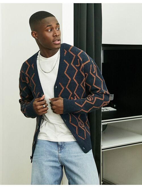 Jack & Jones jacquard cardigan in navy argyle pattern