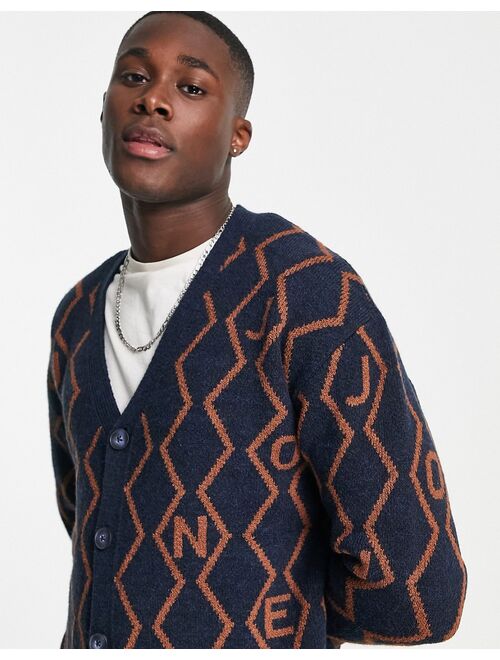 Jack & Jones jacquard cardigan in navy argyle pattern