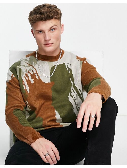 Only & Sons oversized printed sweater in brown & green