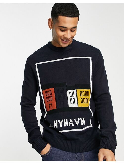 Only & Sons sweater with Nyhavn houses in navy