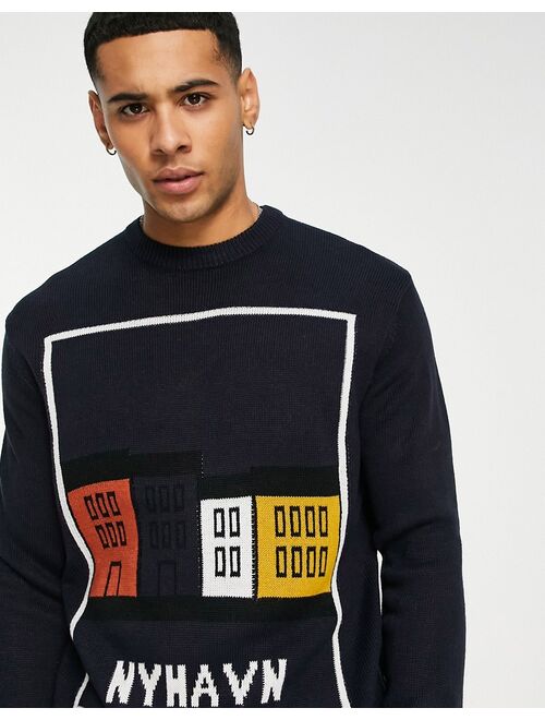 Only & Sons sweater with Nyhavn houses in navy