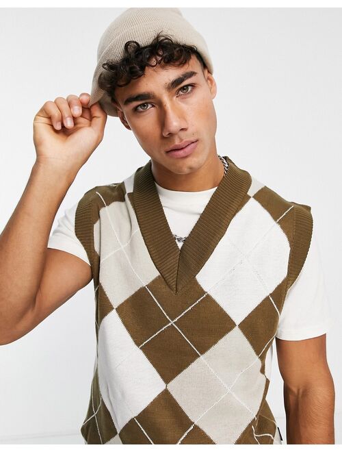 Only & Sons oversized argyle vest in brown