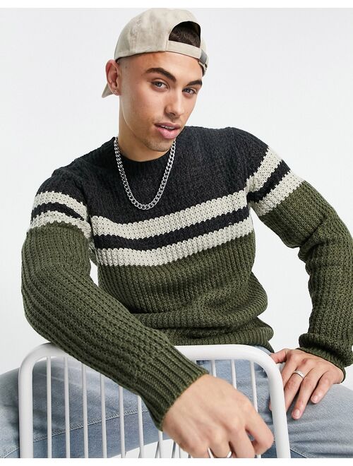 Only & Sons textured sweater with chest stripe in khaki and navy