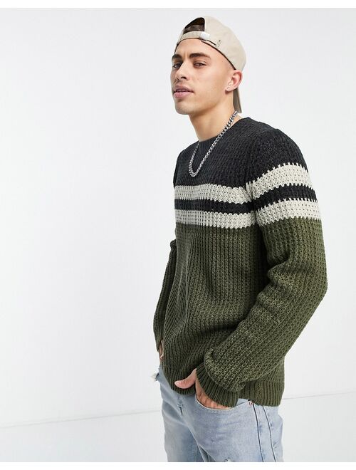 Only & Sons textured sweater with chest stripe in khaki and navy