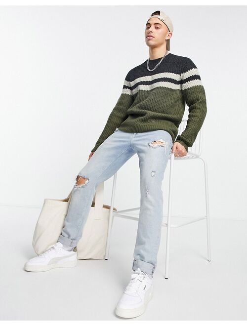 Only & Sons textured sweater with chest stripe in khaki and navy