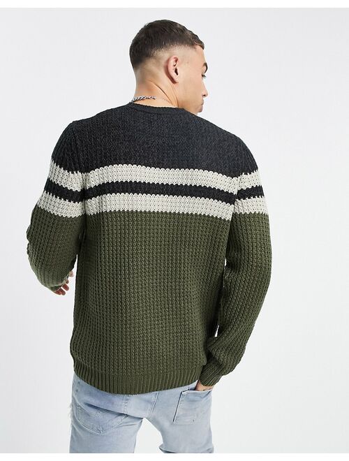 Only & Sons textured sweater with chest stripe in khaki and navy