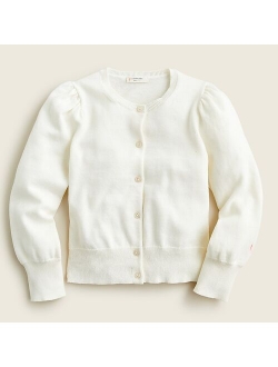 Girls' puff-sleeve cotton cardigan sweater