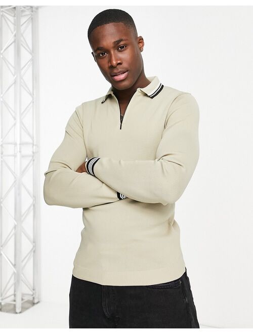 River Island tipped knit polo shirt in brown