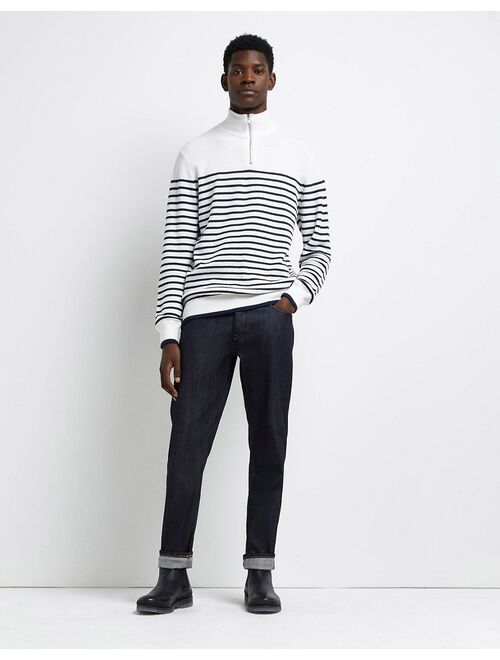 River Island knit half zip stripe sweater in white & navy